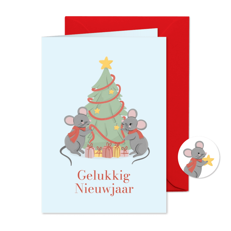 Lieve nieuwjaarskaart met kerstboom en muisjes - Kaartimpressie