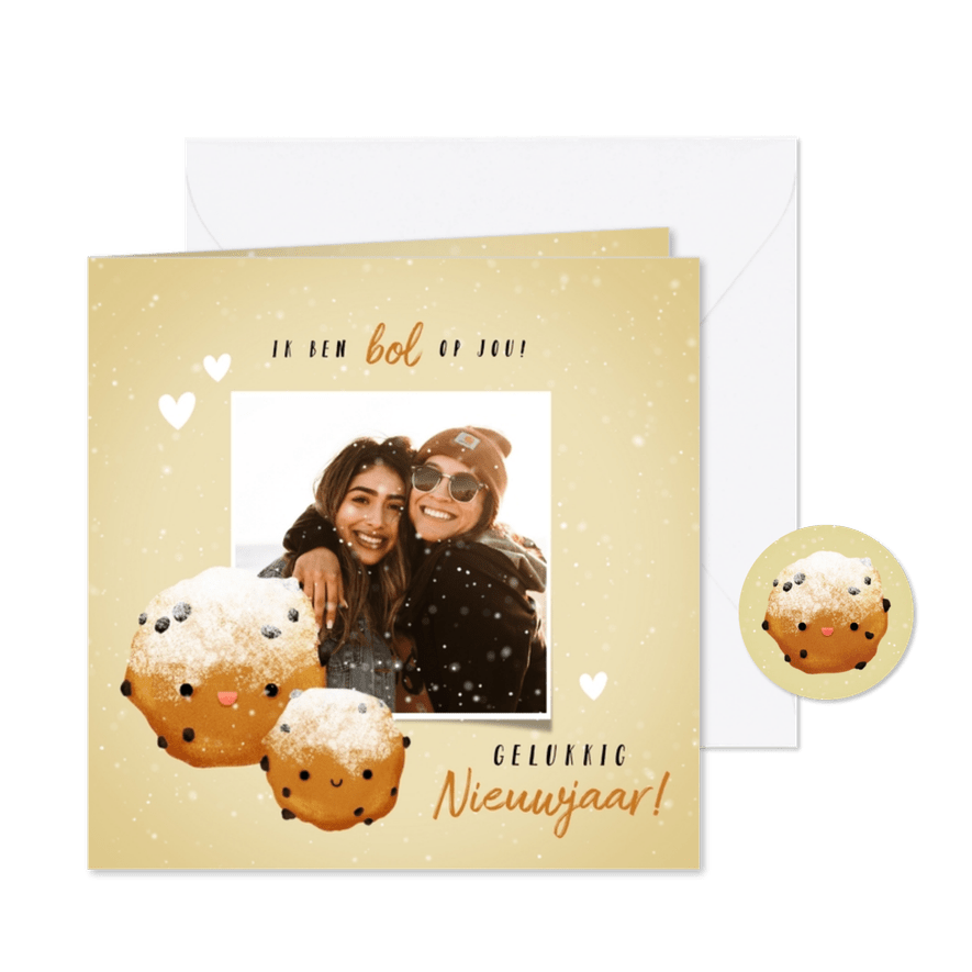 Lieve nieuwjaarskaart met oliebollen foto en hartjes - Kaartimpressie