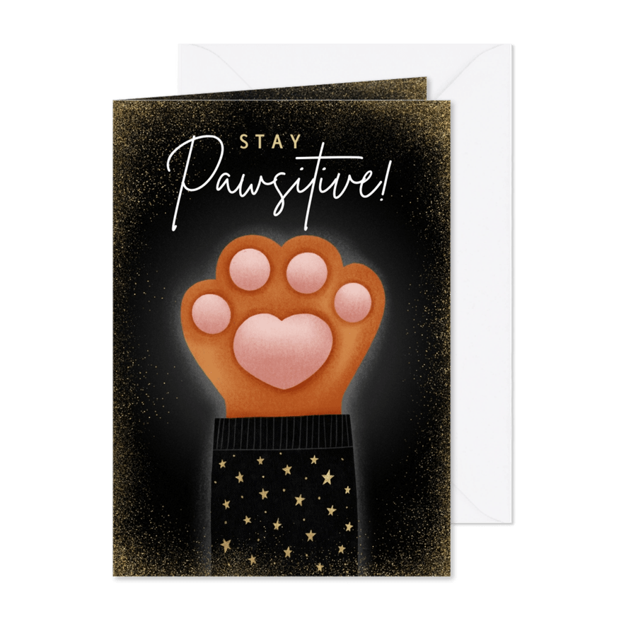 Lieve nieuwjaarskaart Stay Pawsitive met kattenpootje - Kaartimpressie