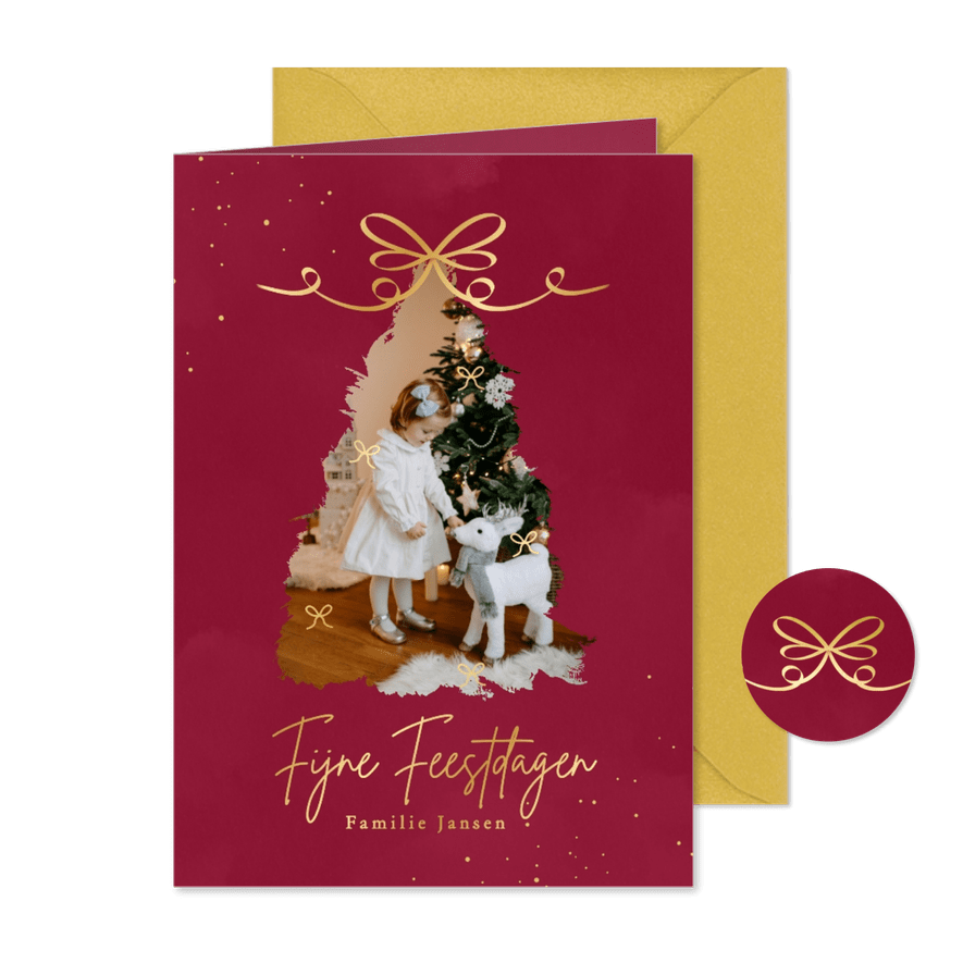 Lieve rode foto kerstkaarten met gouden strikjes - Kaartimpressie