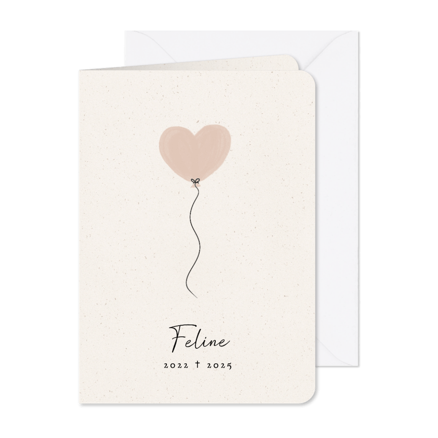 Lieve rouwkaart met roze waterverf ballon hartje - Kaartimpressie