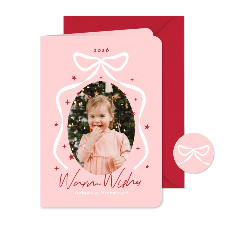 Lieve roze nieuwjaarskaart met strik en foto - Kaartimpressie
