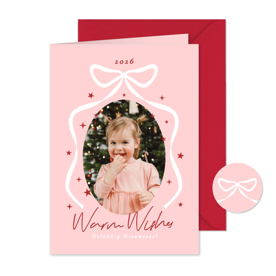 Lieve roze nieuwjaarskaart met strik en foto - Kaartimpressie