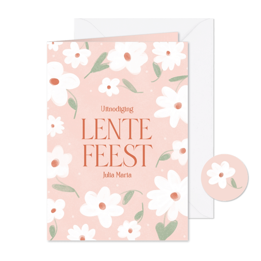 Lieve roze uitnodiging voor een lentefeest met bloemen - Kaartimpressie