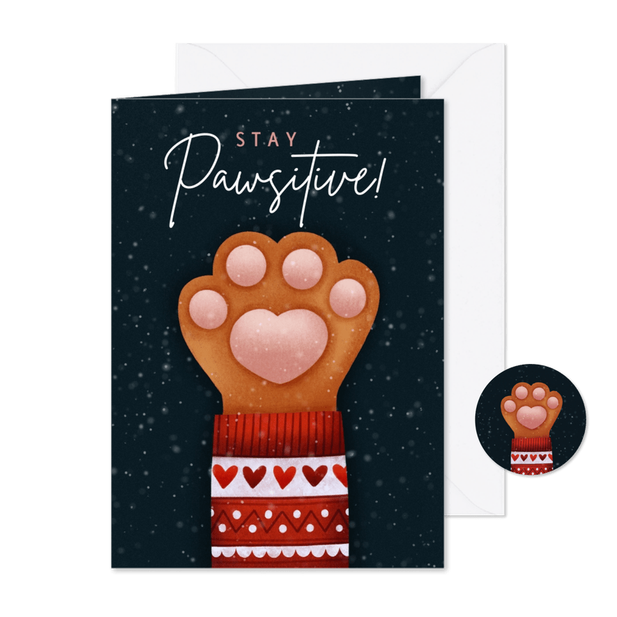 Lieve Stay Pawsitive kerstkaart kattenpootje & kersttrui - Kaartimpressie