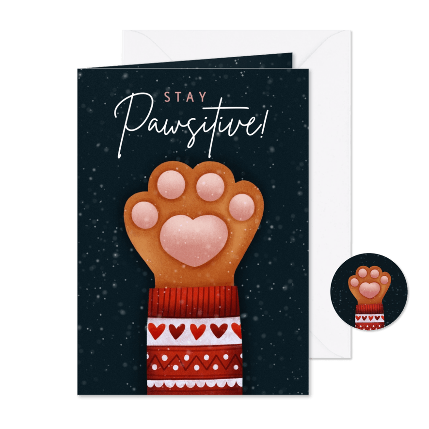 Lieve Stay Pawsitive kerstkaart kattenpootje & kersttrui - Kaartimpressie