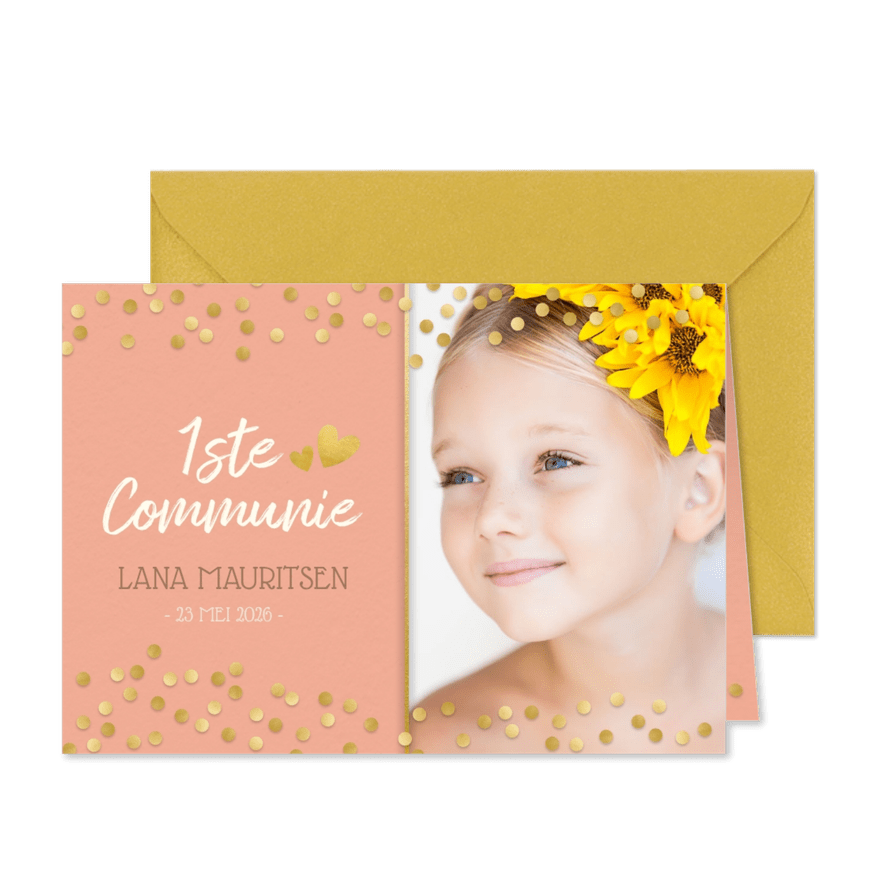 Lieve stijlvolle communiekaart meisje met gouden confetti - Kaartimpressie