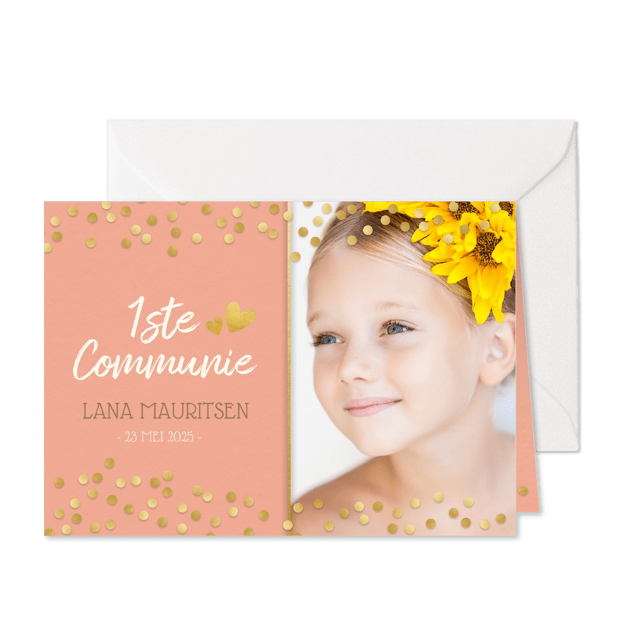 Lieve stijlvolle communiekaart meisje met gouden confetti - Kaartimpressie