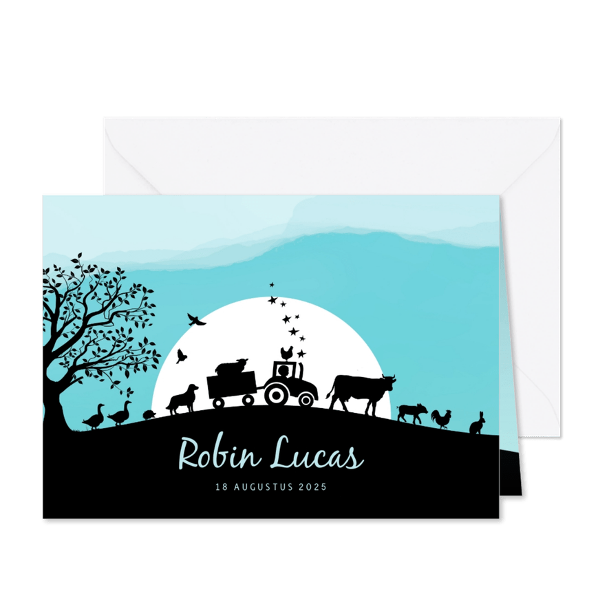 Lieve stoere geboortekaart met trekker en boerderijdieren - Kaartimpressie