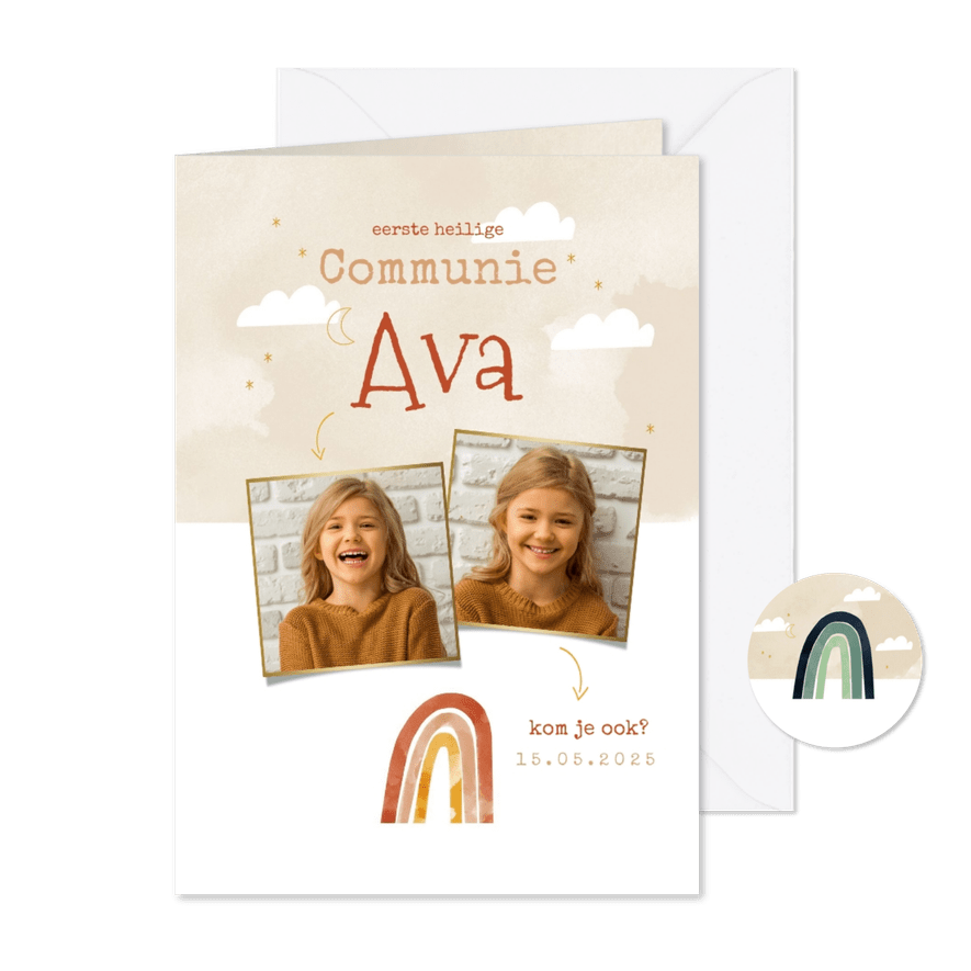 Lieve uitnodiging communie regenboog en foto's meisje - Kaartimpressie