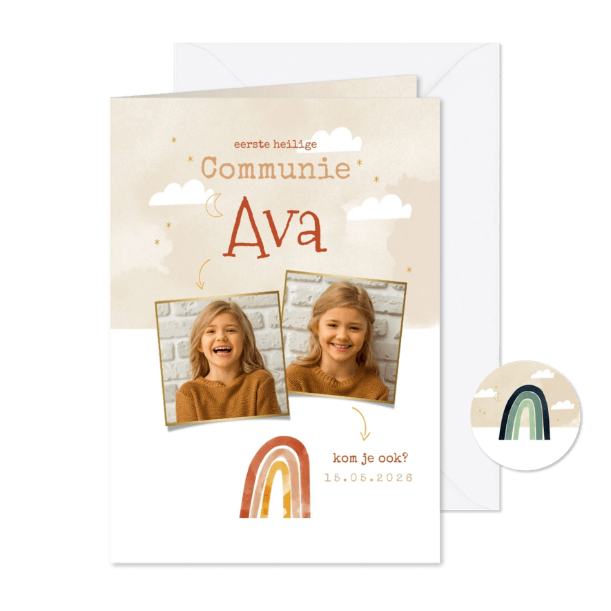 Lieve uitnodiging communie regenboog en foto's meisje - Kaartimpressie