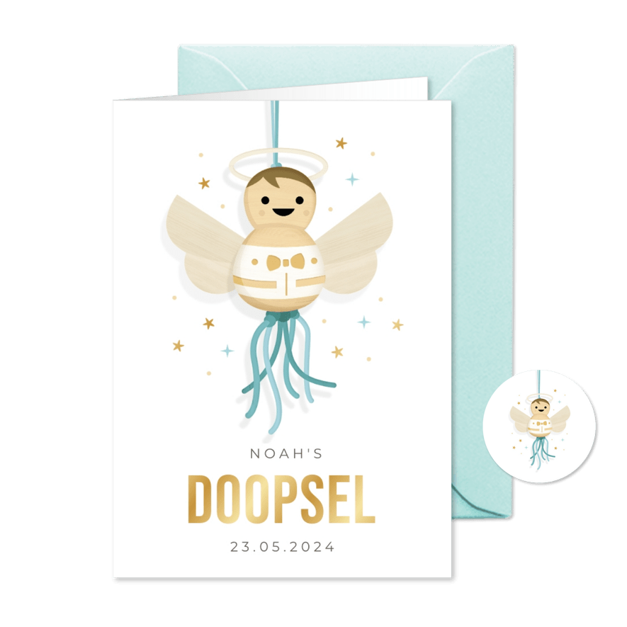 Lieve uitnodiging doop jongen met een engel gelukspoppetje - Kaartimpressie