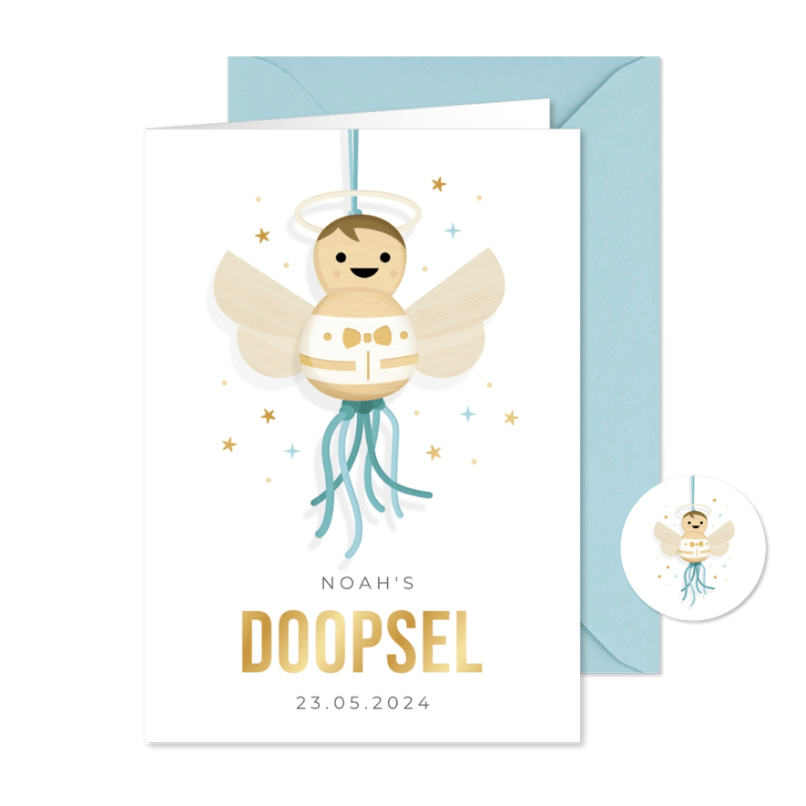 Lieve uitnodiging doop jongen met een engel gelukspoppetje - Kaartimpressie