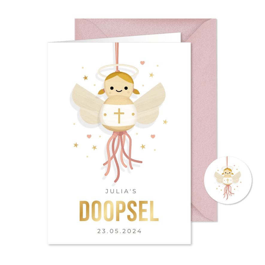 Lieve uitnodiging doop meisje gelukspoppetje engeltje - Kaartimpressie