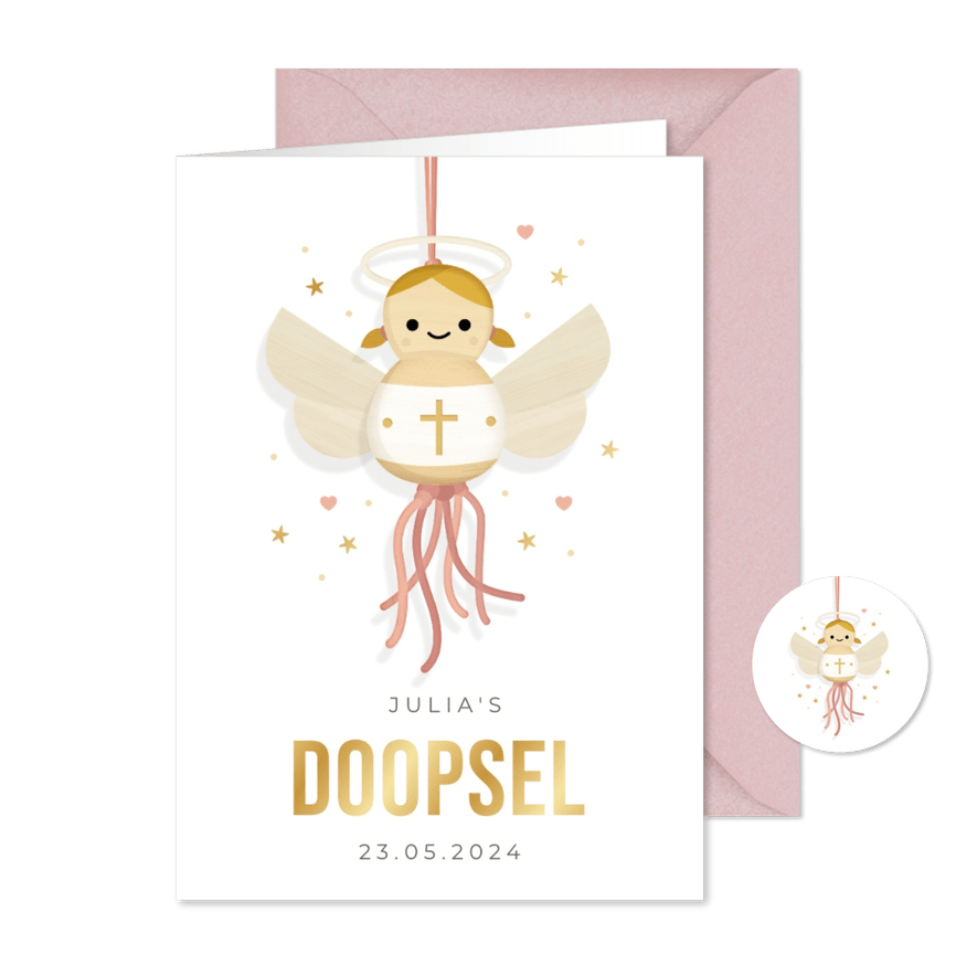 Lieve uitnodiging doop meisje gelukspoppetje engeltje - Kaartimpressie