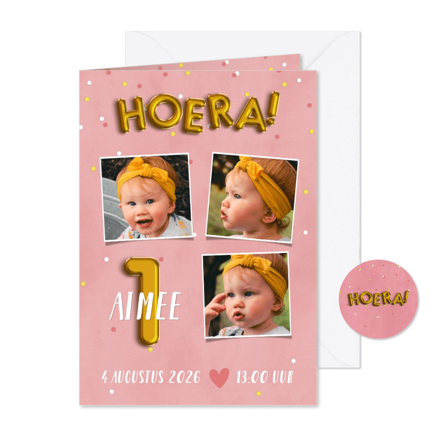 Lieve uitnodiging eerste verjaardag met confetti & ballonnen - Kaartimpressie