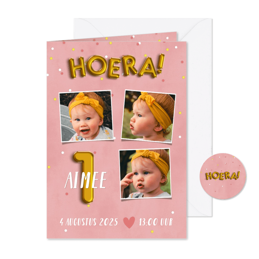 Lieve uitnodiging eerste verjaardag met confetti & ballonnen - Kaartimpressie