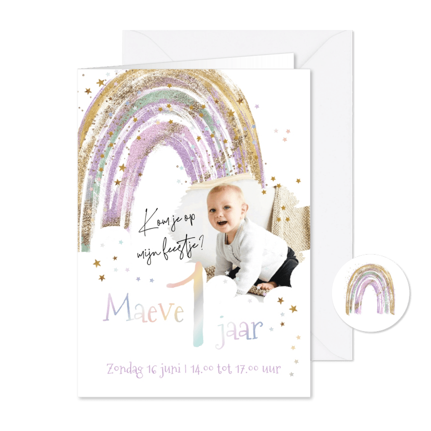 Lieve uitnodiging kinderfeest 1 regenboog foliedruk sterren - Kaartimpressie