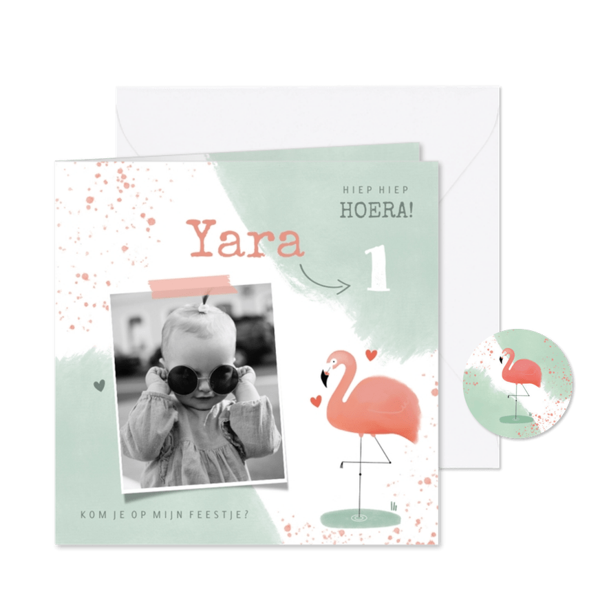 Lieve uitnodiging kinderfeestje 1 jaar flamingo en waterverf - Kaartimpressie
