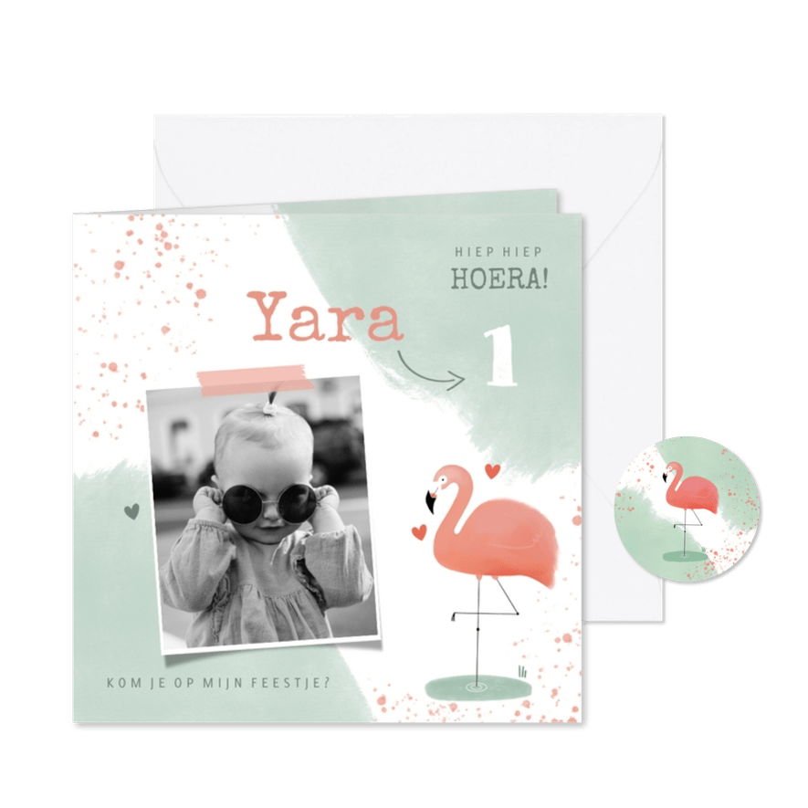 Lieve uitnodiging kinderfeestje 1 jaar flamingo en waterverf - Kaartimpressie