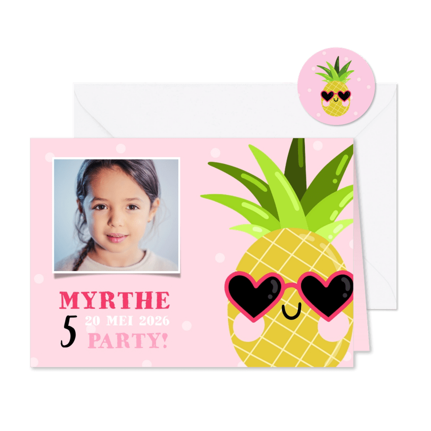 Lieve uitnodiging kinderfeestje ananas met zonnebril - Kaartimpressie