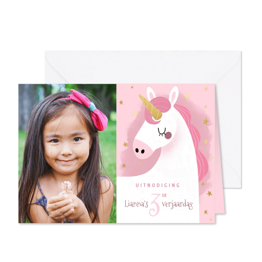 Lieve uitnodiging kinderfeestje eenhoorn, sterretjes & foto - Kaartimpressie