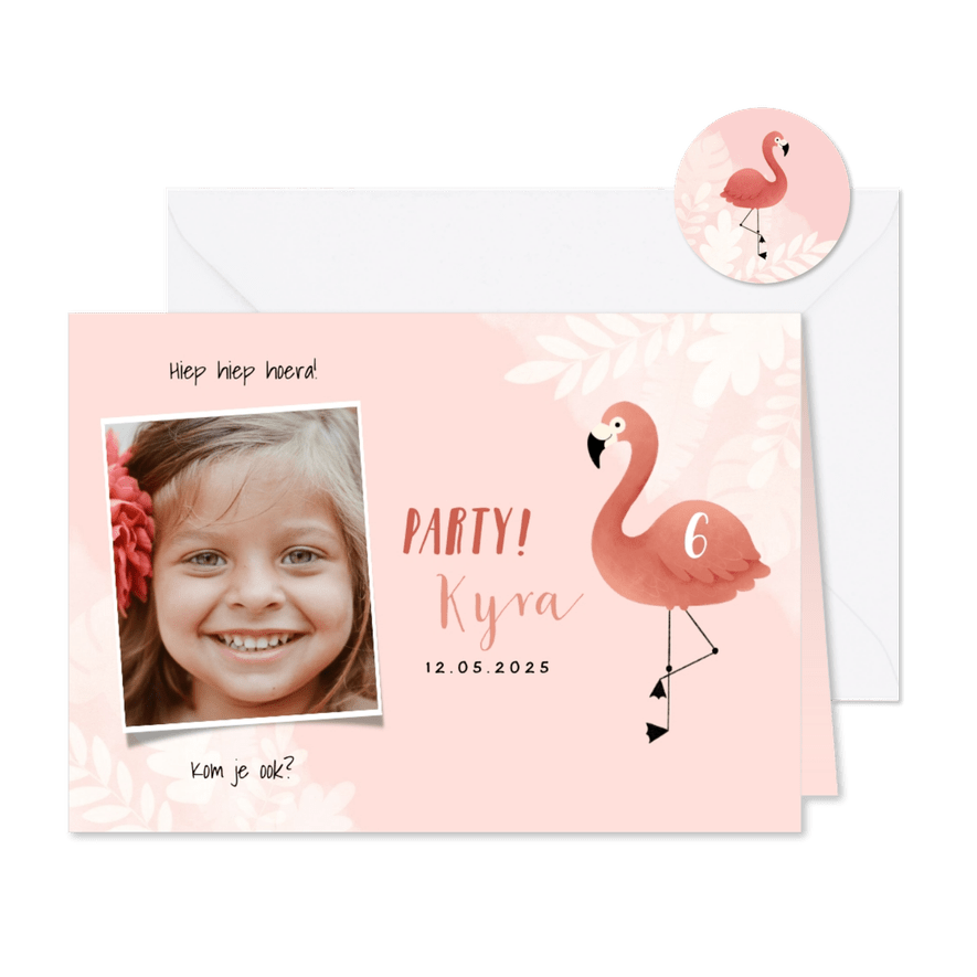 Lieve uitnodiging kinderfeestje flamingo, bladeren en foto - Kaartimpressie