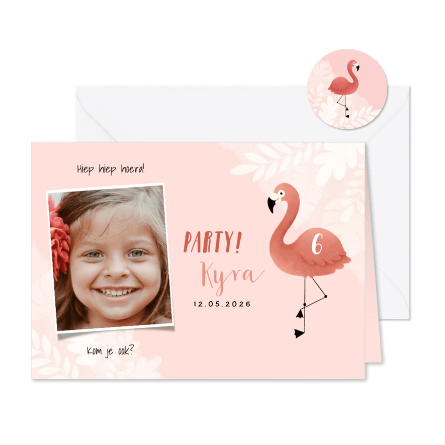 Lieve uitnodiging kinderfeestje flamingo, bladeren en foto - Kaartimpressie