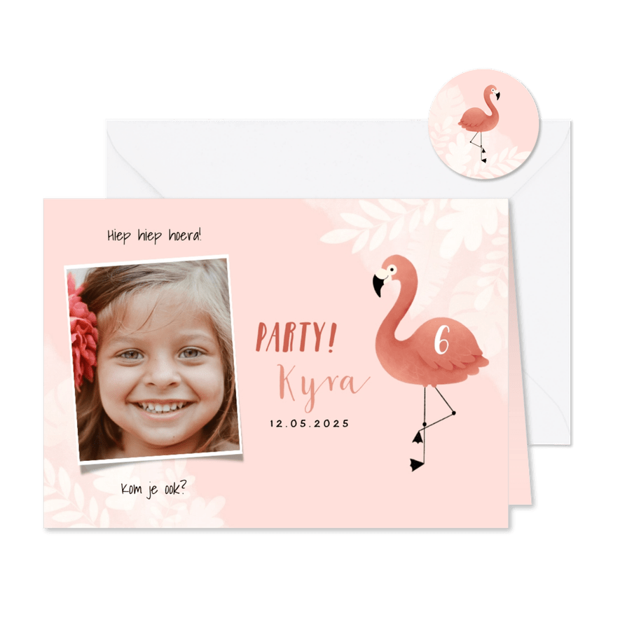 Lieve uitnodiging kinderfeestje flamingo, bladeren en foto - Kaartimpressie