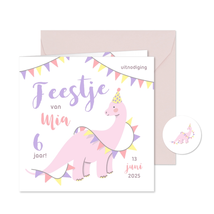 Lieve uitnodiging kinderfeestje met dino voor meisjes pastel - Kaartimpressie