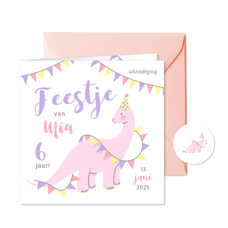 Lieve uitnodiging kinderfeestje met dino voor meisjes pastel - Kaartimpressie