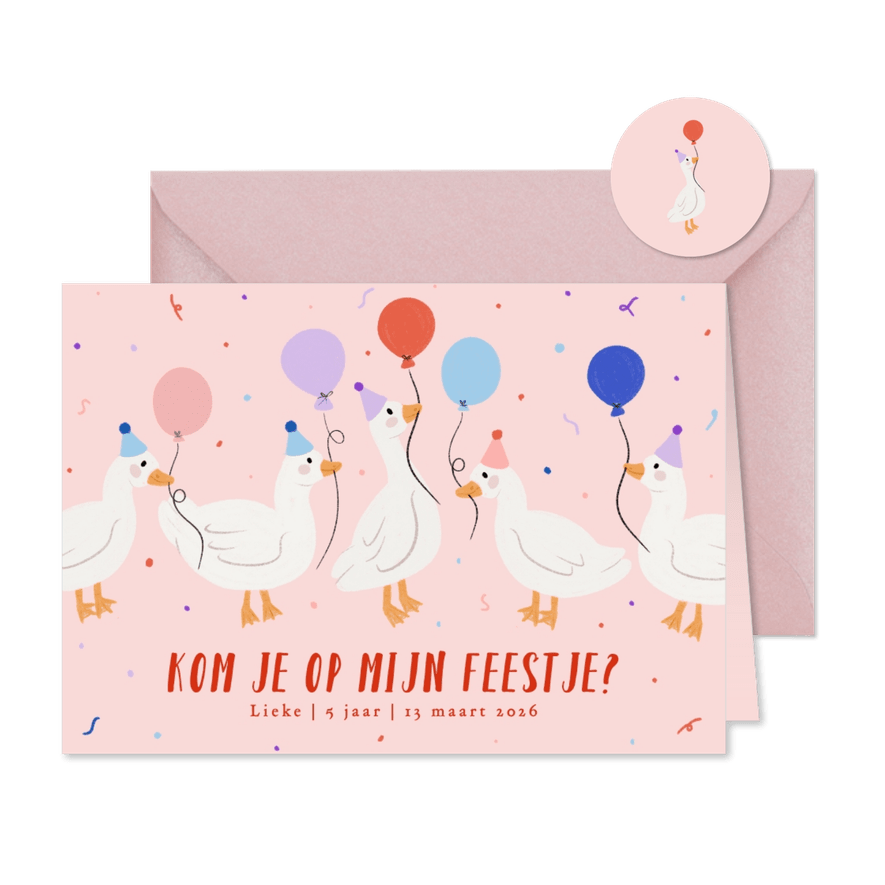 Lieve uitnodiging kinderfeestje met eendjes ballonnen roze - Kaartimpressie