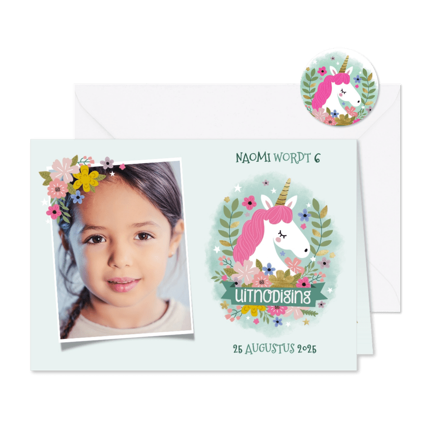 Lieve uitnodiging kinderfeestje met eenhoorn, bloemen & foto - Kaartimpressie