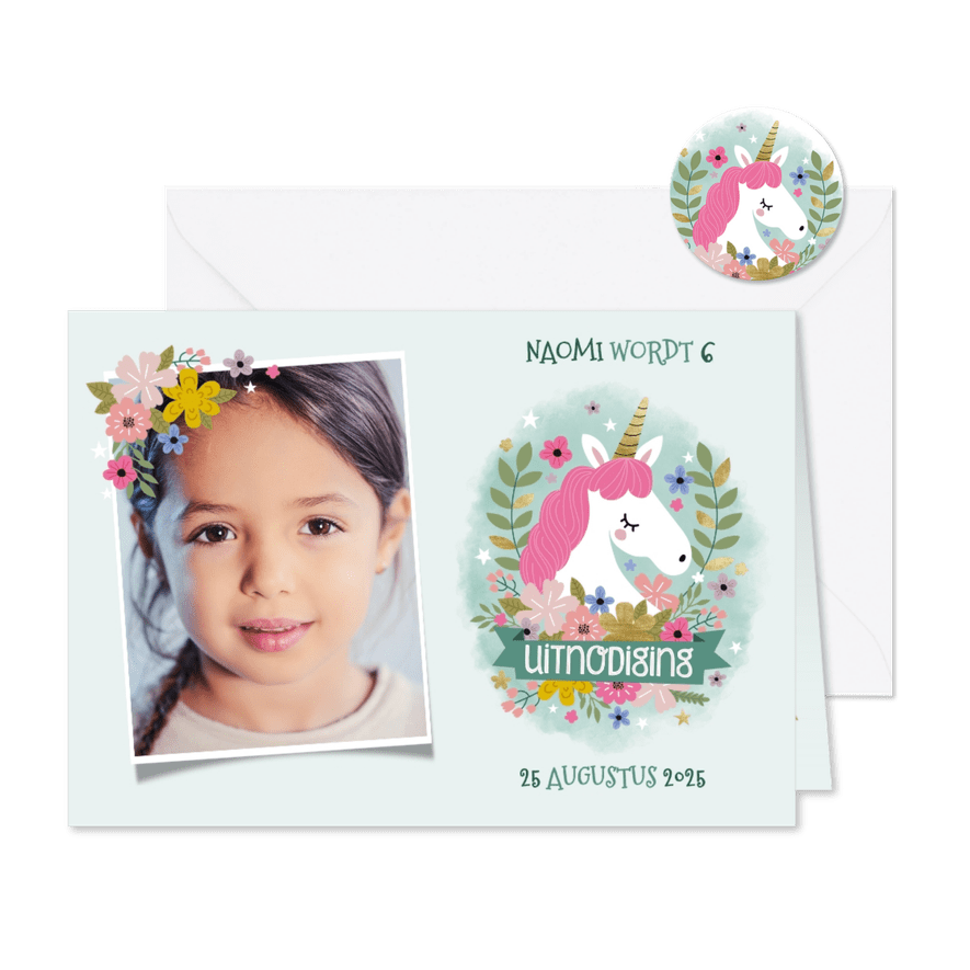 Lieve uitnodiging kinderfeestje met eenhoorn, bloemen & foto - Kaartimpressie