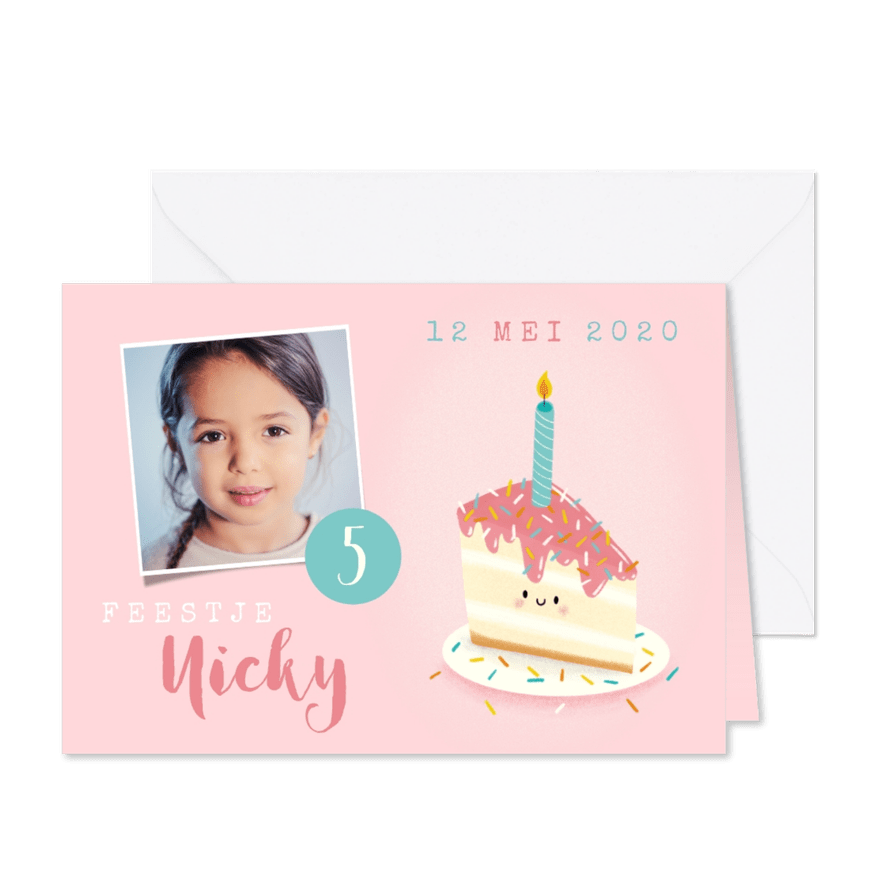 Lieve uitnodiging kinderfeestje met taartje, foto & leeftijd - Kaartimpressie