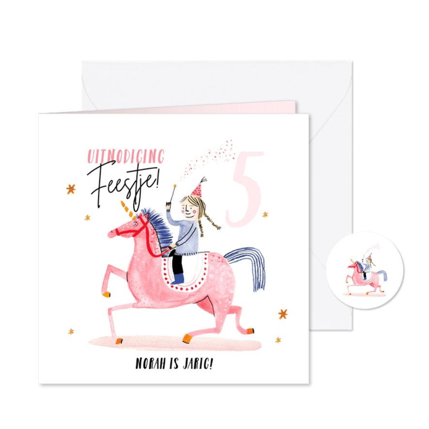Lieve uitnodiging kinderfeestje roze unicorn prinses - Kaartimpressie