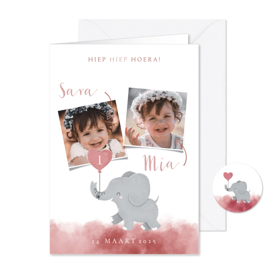Lieve uitnodiging kinderfeestje voor tweeling met olifantje - Kaartimpressie