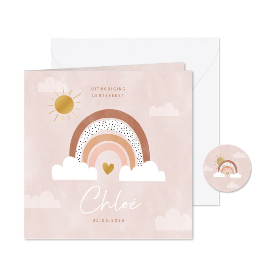 Lieve uitnodiging lentefeest regenboogje hartje & goudfolie - Kaartimpressie