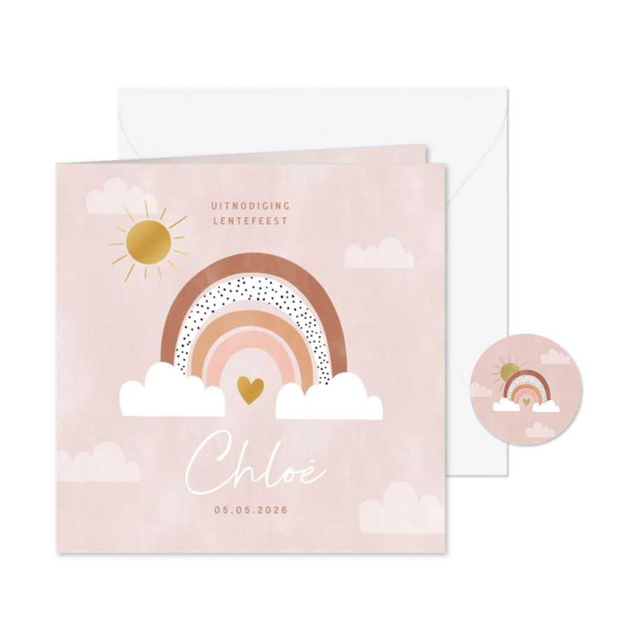 Lieve uitnodiging lentefeest regenboogje hartje & goudfolie - Kaartimpressie