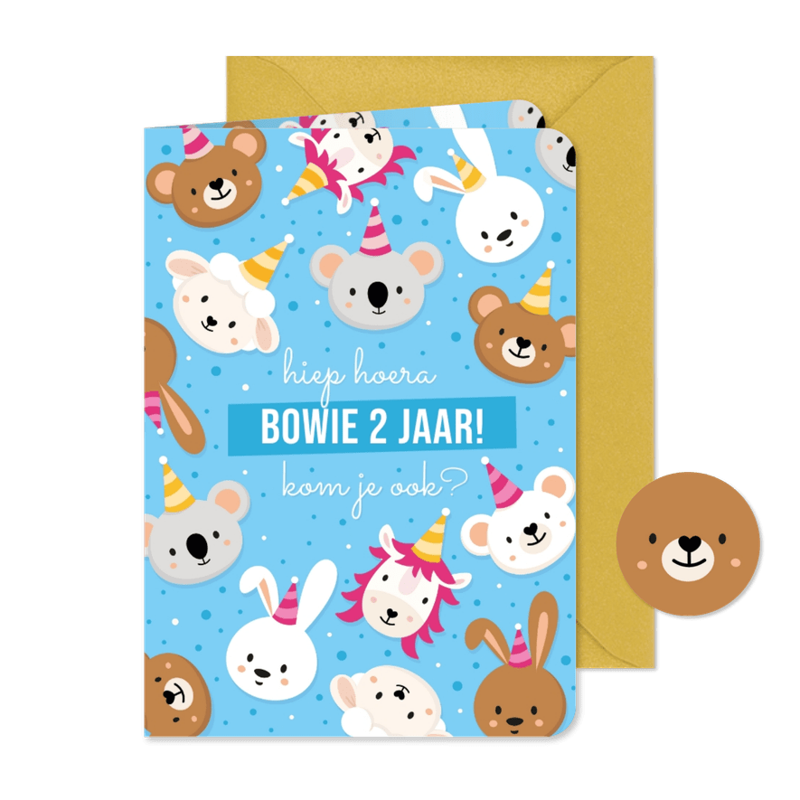 Lieve uitnodiging met diertjes voor verjaardag peuter - Kaartimpressie