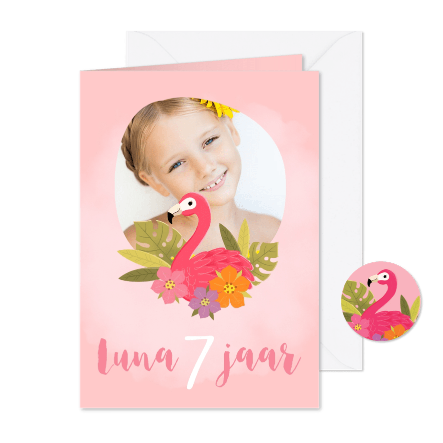 Lieve uitnodiging met flamingo voor een kinderfeestje - Kaartimpressie