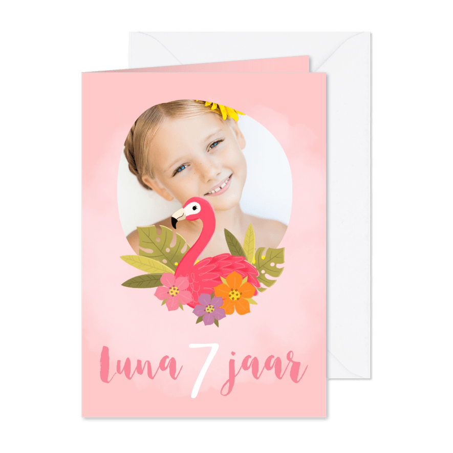 Lieve uitnodiging met flamingo voor een kinderfeestje - Kaartimpressie
