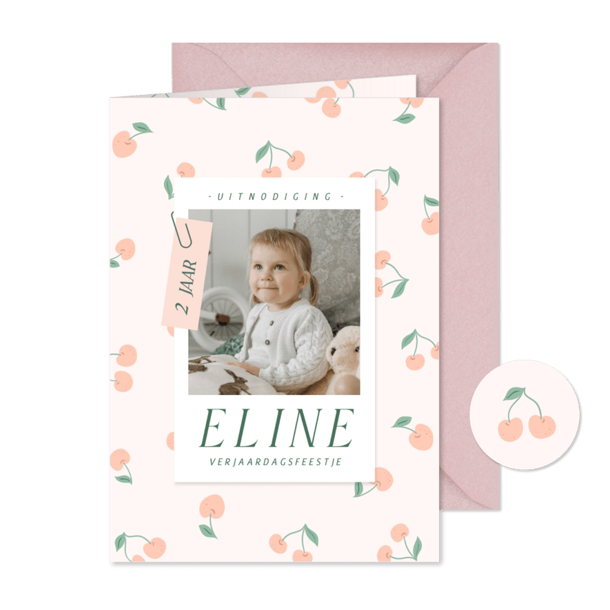 Lieve uitnodiging met kersjes voor kinderfeestje - Kaartimpressie