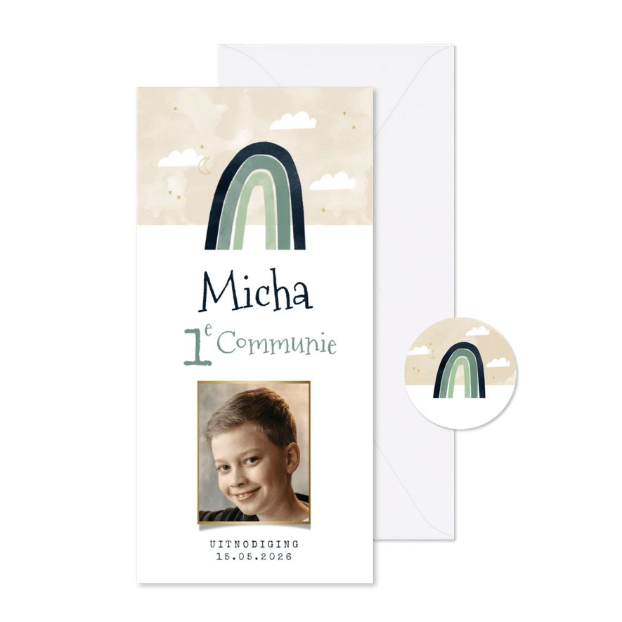 Lieve uitnodiging voor communie met regenboog - Kaartimpressie
