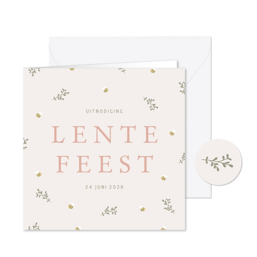 Lieve uitnodiging voor een lentefeest met takjes en bijtjes - Kaartimpressie