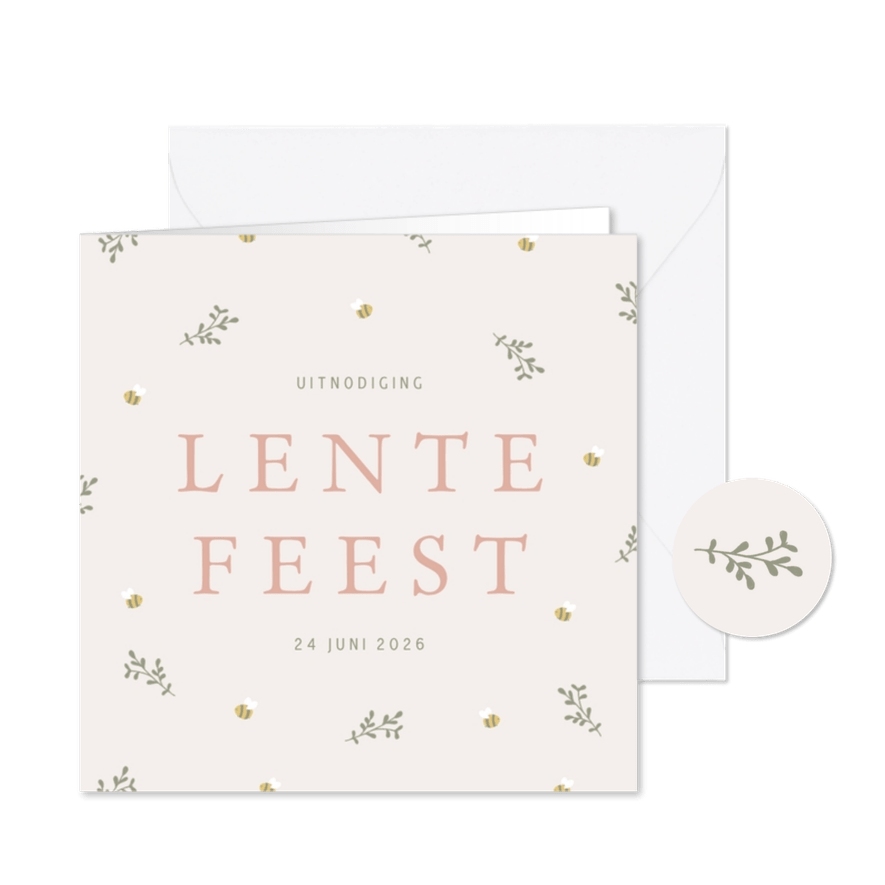 Lieve uitnodiging voor een lentefeest met takjes en bijtjes - Kaartimpressie