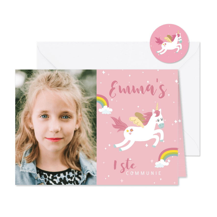 Lieve uitnodiging voor eerste communie met eenhoorns - Kaartimpressie