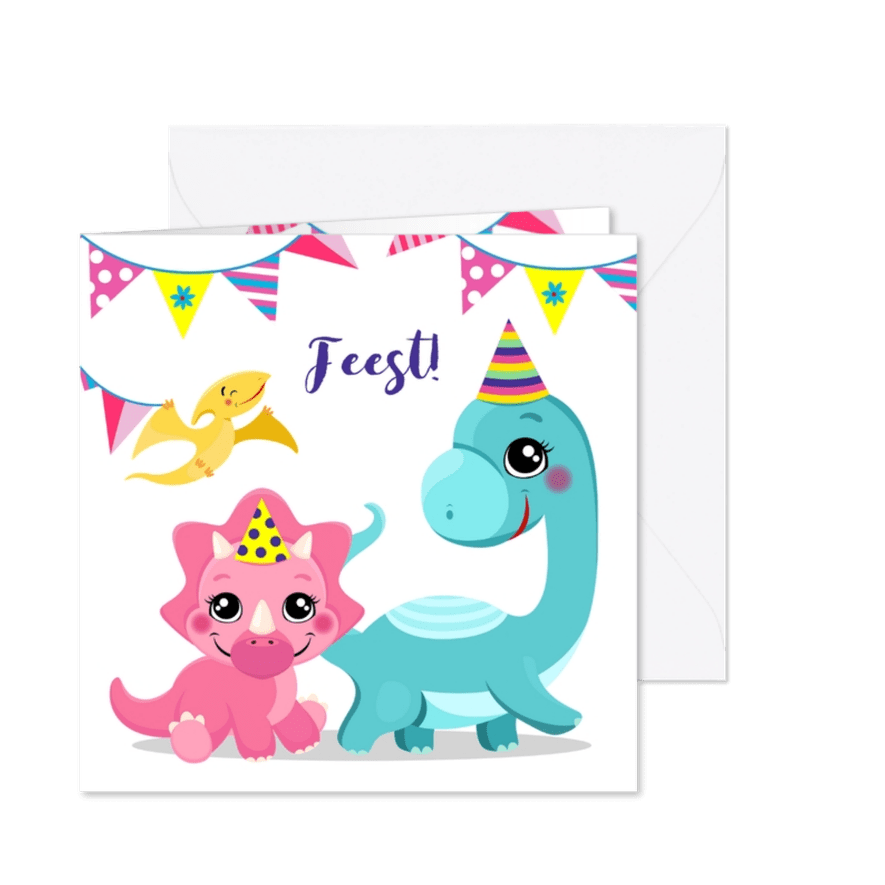 Lieve uitnodiging voor kinderfeestje met dino's - Kaartimpressie