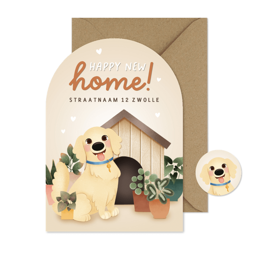 Lieve verhuiskaart hond, hondenhok en planten in boogvorm - Kaartimpressie