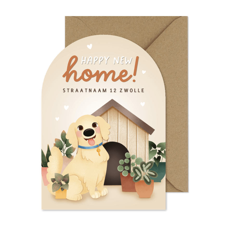 Lieve verhuiskaart hond, hondenhok en planten in boogvorm - Kaartimpressie